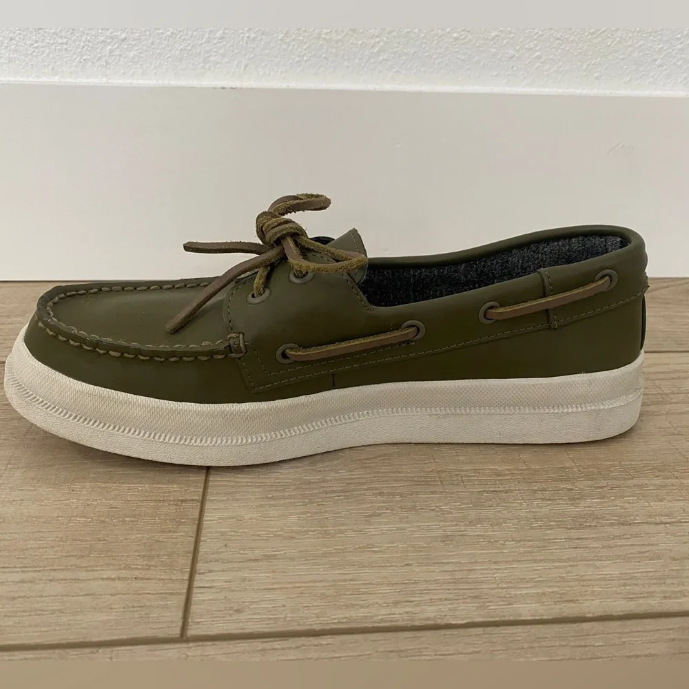 Sperry Top Sider Leather 2 Eye Raincoat Olive Green Boat Shoes